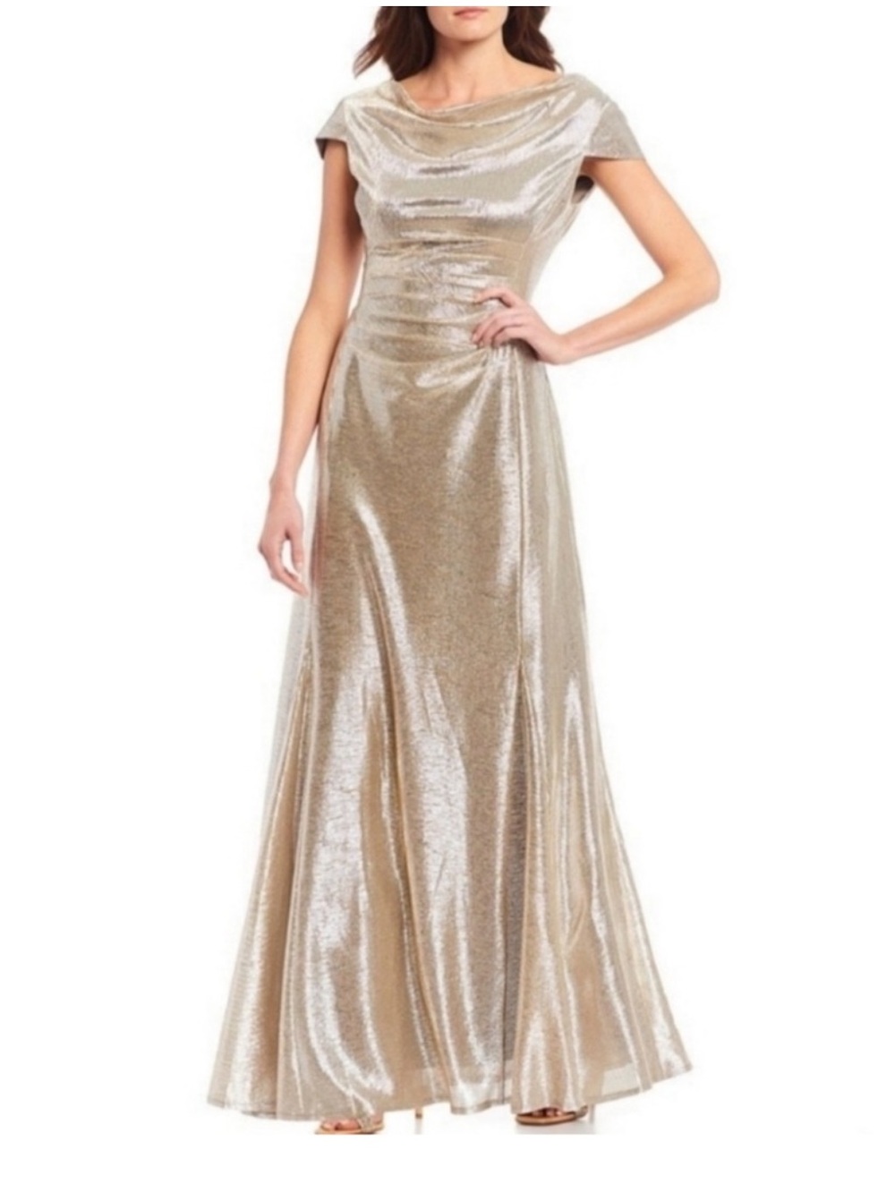 Tahari Arthur S Levine Metallic Champagne Maxi Dress with Draped Neckline Gala